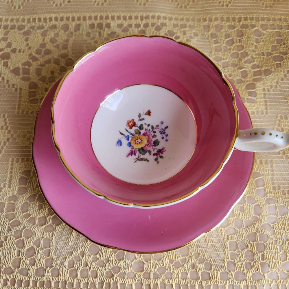 Antique Pink Teacup Set Porcelain ChinaCoal Port Footed Saucer Floral Gold